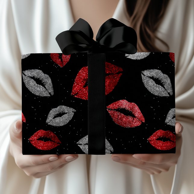 Papel De Presente Valentines Red Silver Glitter Lips on Black  (Criador carregado)