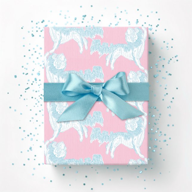 Papel De Presente Valsa do Cão Foo em Rosa e Água (Criador carregado)