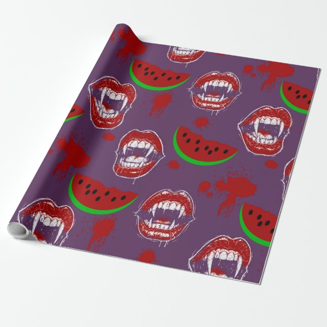 Papel De Presente Vampiro Comendo Melancia Halloween em Julho Roxo (Desenrolado)