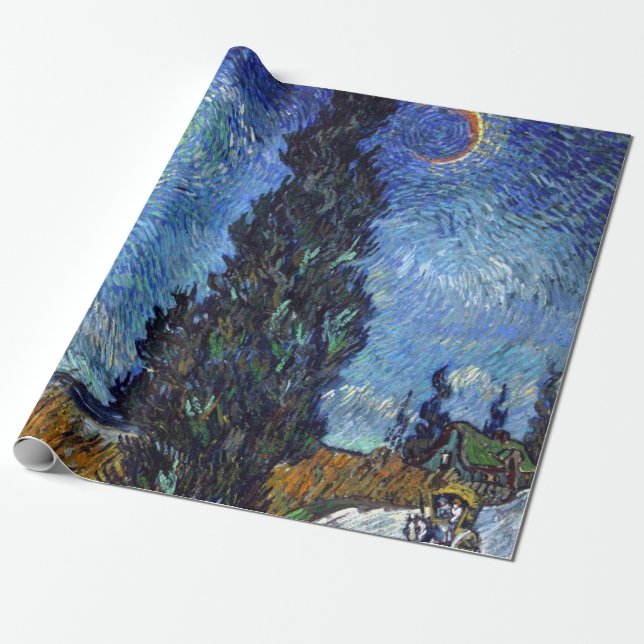 Papel De Presente Van Gogh Road Com Impressionismo De Cipras (Desenrolado)