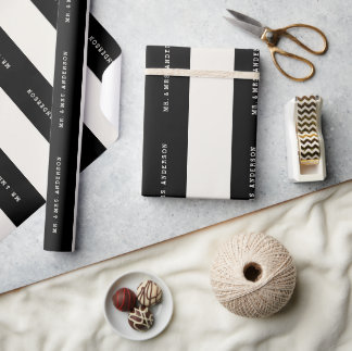 Papel De Presente Vanilla & Preto Preppy Listras Casamento Nome Pers