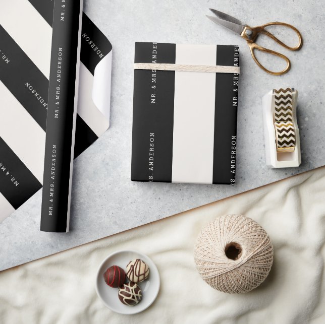 Papel De Presente Vanilla & Preto Preppy Listras Casamento Nome Pers (Artesanato)