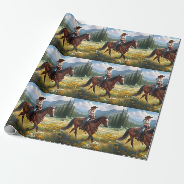 Papel De Presente Vaqueira do Oeste montando cavalo (Desenrolado)