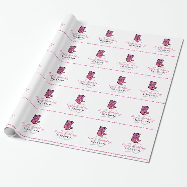 Papel De Presente Vaqueiro cor-de-rosa 16o aniversário (Desenrolado)