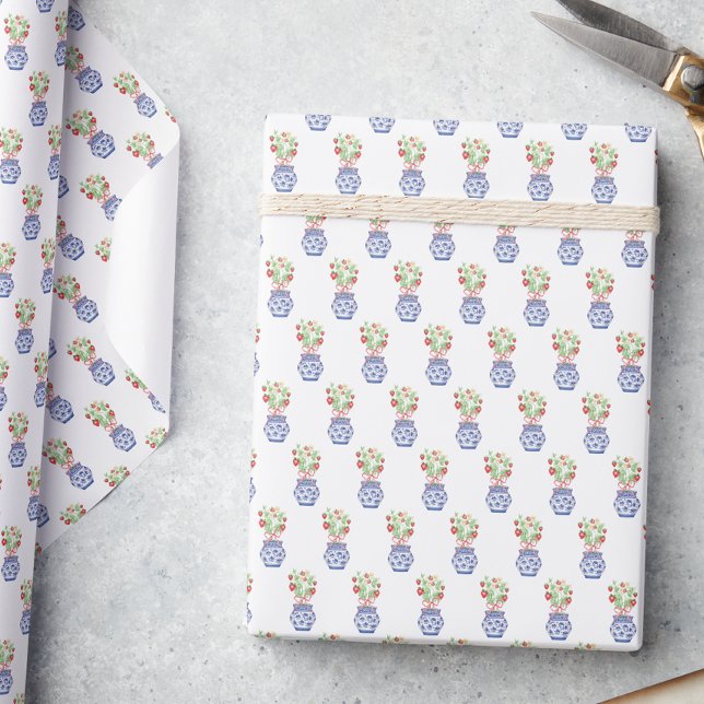 Papel De Presente Vases de Chinoiserie de Morangos Vermelhos (Criador carregado)