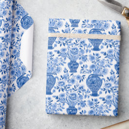 Papel De Presente Vases Florais De Jar De Gengibre Azul E Branco