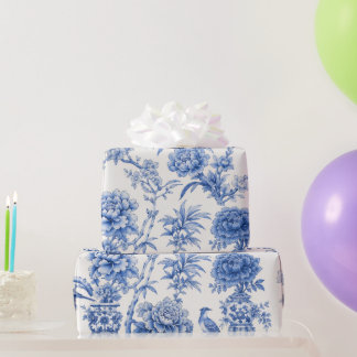 Papel De Presente Vaso Floral de Peônia Chinoiserie Azul Branco Vint