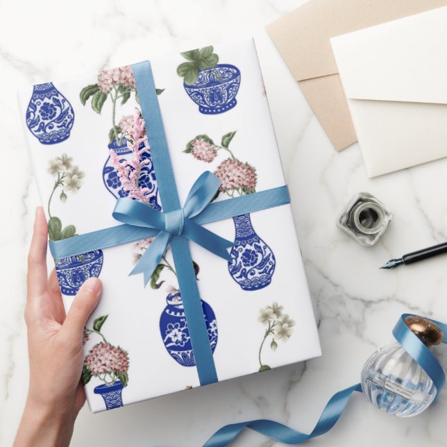 Papel De Presente Vasos e flores azuis de Chinoiserie  (Presentear)