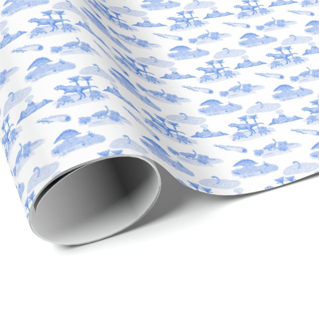 Papel De Presente Vasos Sanitários de Dinossauros (Azul Periwinkle) (Ponta do rolo)