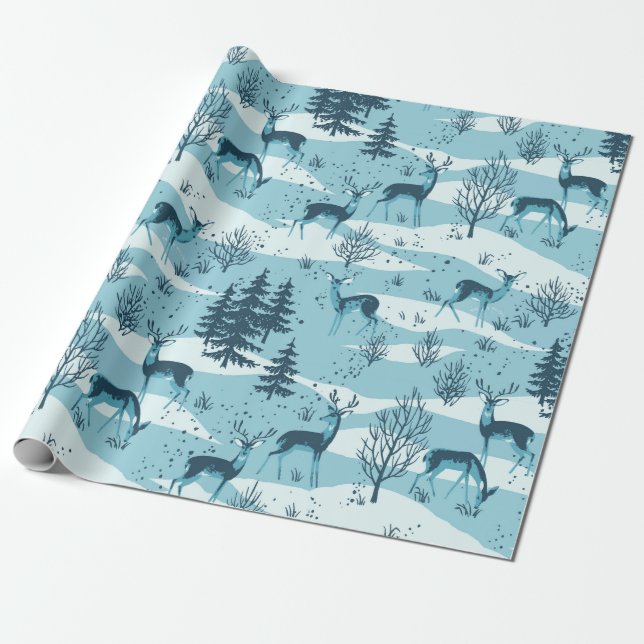 Papel De Presente Veado-Da-Floresta Azul-Retro Elegante (Desenrolado)