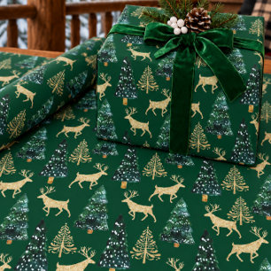 Papel De Presente Veado da Floresta Dourada & Árvores em Pinho Verde