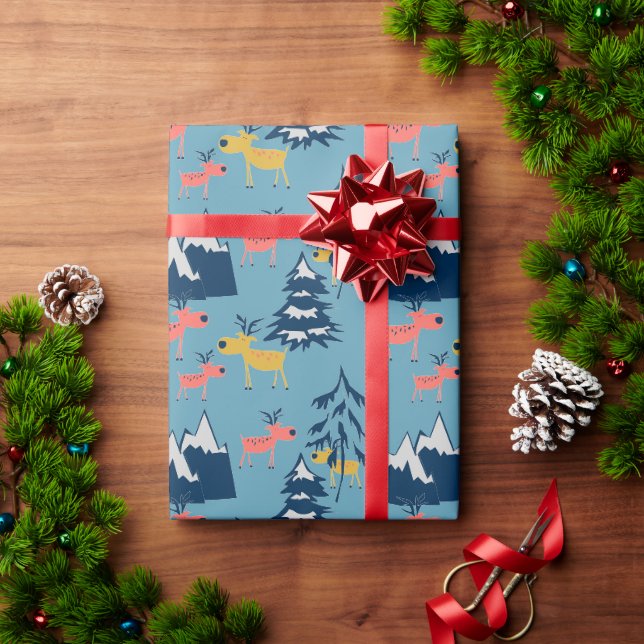 Papel De Presente Veado de Natal, árvores de Natal, montanhas (Presente de Natal)