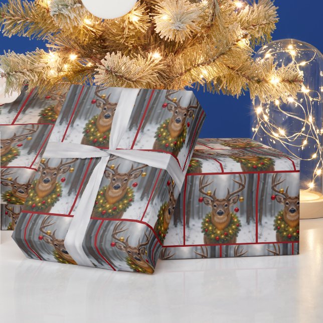 Papel De Presente Veado de Natal Usando uma Grinalda (Feriados)