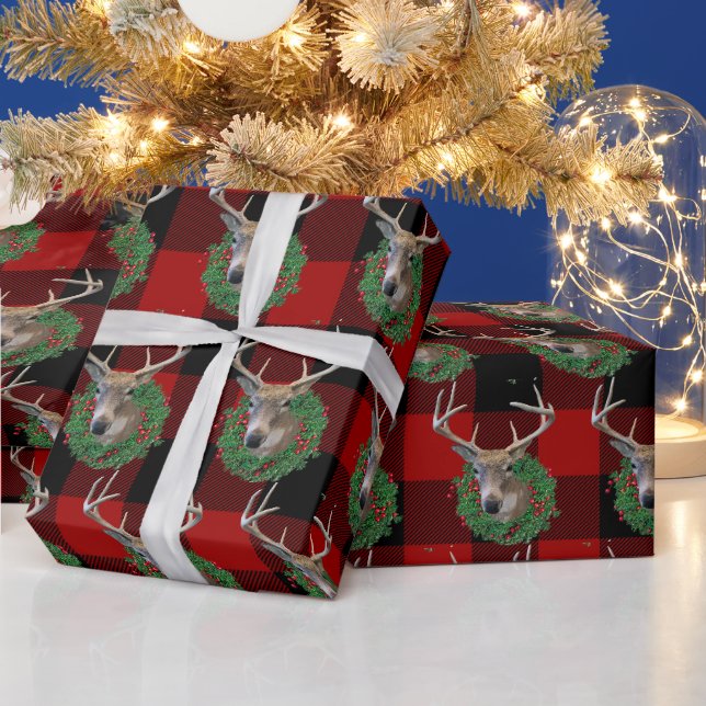 Papel De Presente Veado e Grinalda de Natal em Xadrez (Feriados)