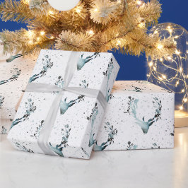 Papel De Presente Veado Mágico de Inverno Prata Azul Neve Natal