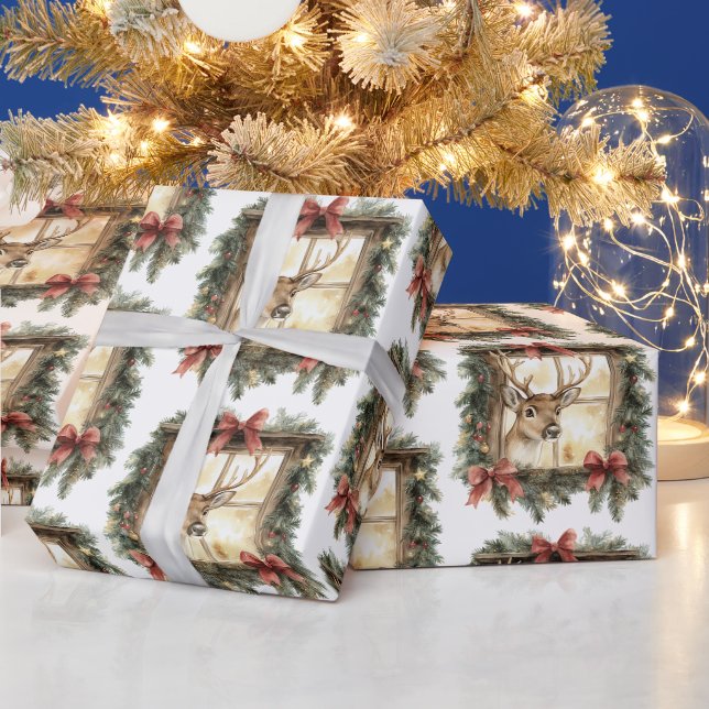 Papel De Presente Veado na Janela Arcos Vermelhos Natal (Feriados)