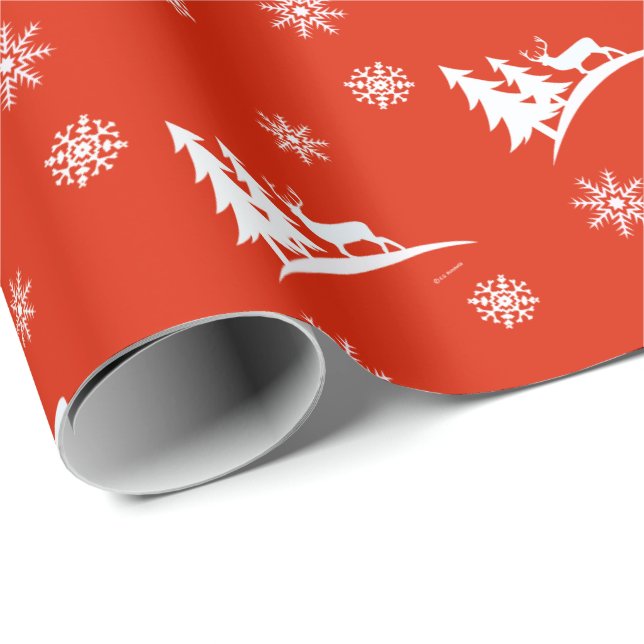 Papel De Presente Veados e Flocos de Neve Natal Vermelho   (Ponta do rolo)