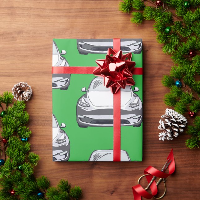 Papel De Presente Veículo elétrico branco SUV Car Fundo verde (Presente de Natal)