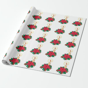 Papel De Presente Vela de Natal Vintage com Plantas de Poinsettia