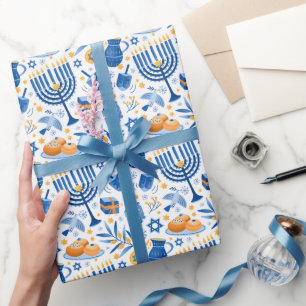 Papel De Presente Velas Coloridas Menorah Estrela de Davi Hanukkah 