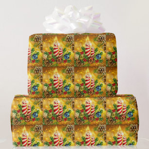 Papel De Presente Velas de Natal à luz do ouro Pinecones