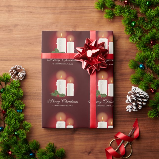 Papel De Presente Velas de Natal Brancas em Vermelho com Texto Perso (Presente de Natal)
