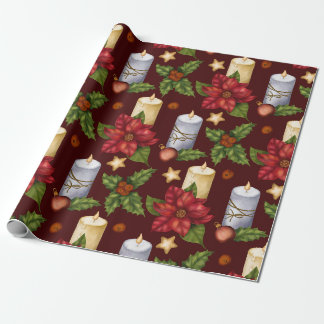 Papel De Presente Velas de Natal, Poinsettia e Frutas de Azevinho