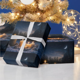 Papel De Presente Velas na Neve com Lua Crescente Yule