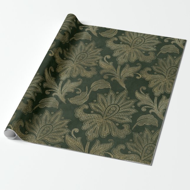 Papel De Presente Veludo de Natal Floral Falso Verde e Dourado Vinta (Desenrolado)