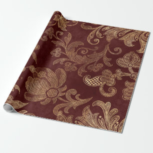 Papel De Presente Veludo de Natal Floral Falso Vermelho e Dourado Vi