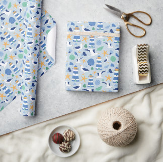 Papel De Presente Verão Costeiro Farol Náutico Azul