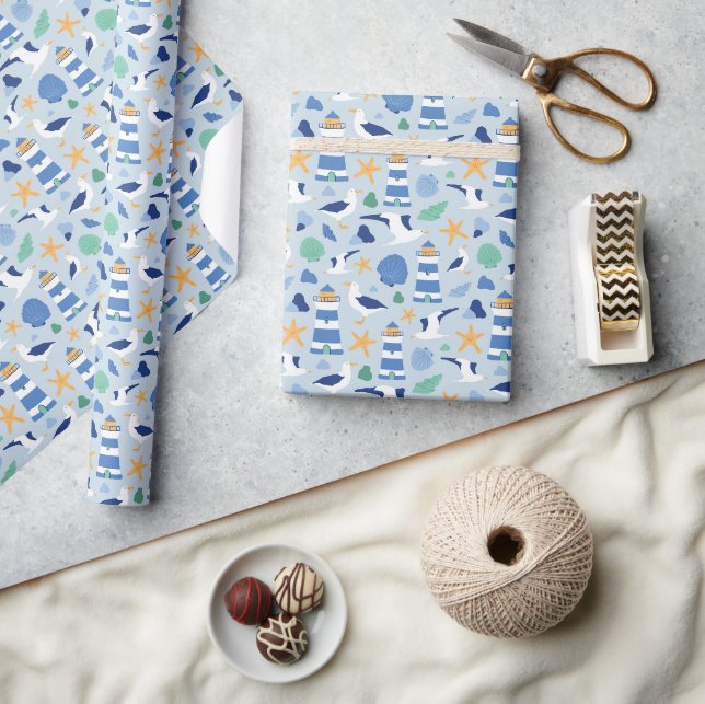 Papel De Presente Verão Costeiro Farol Náutico Azul (Artesanato)