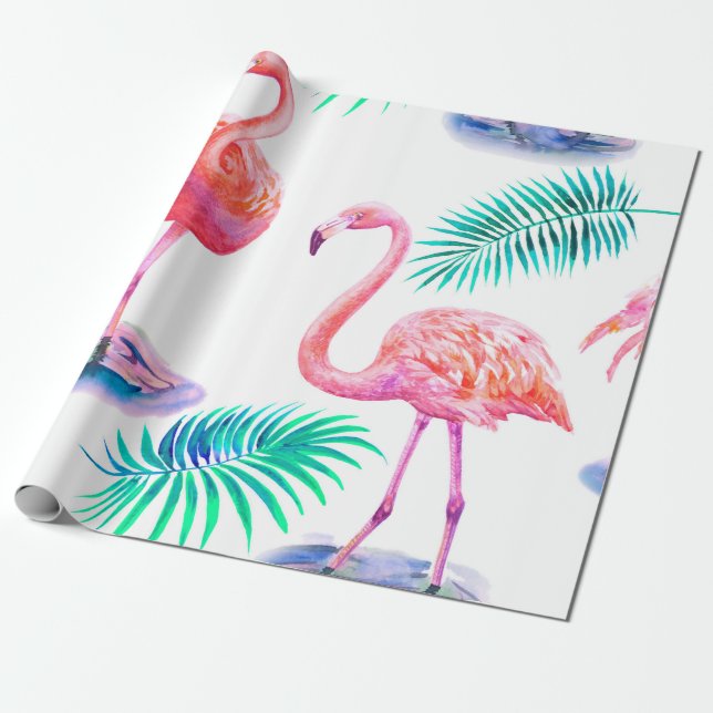 Papel De Presente Verão tropical com folhas de palma de flamingos e  (Desenrolado)