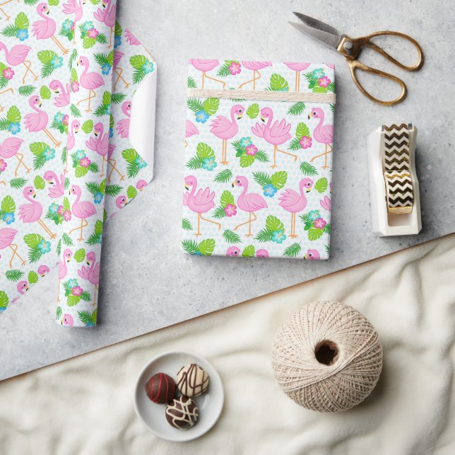 Papel De Presente Verão Tropical Flamingo e Padrão Floral (Artesanato)