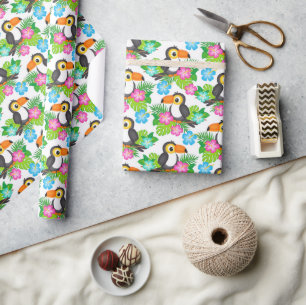 Papel De Presente Verão Tropical Tucano e Padrão Floral