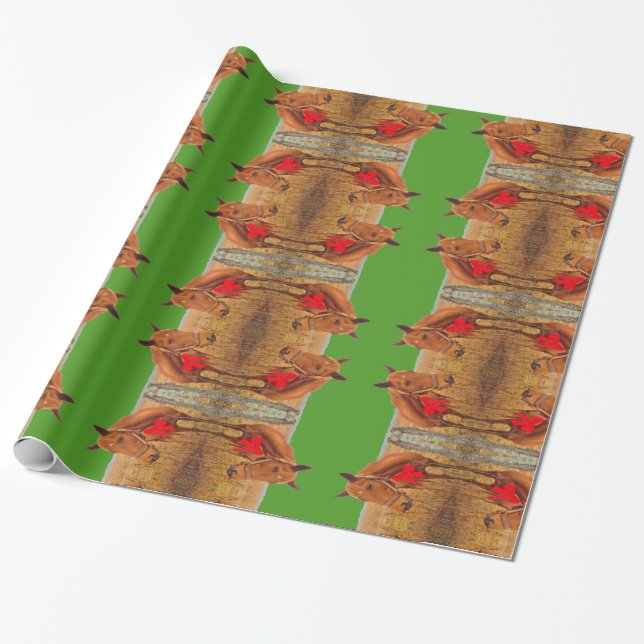 Papel De Presente Verde: Cavalo de Natal com arco vermelho (Desenrolado)