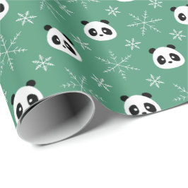 Papel De Presente Verde-claro - Pandas bonitas com Flocos de Neve