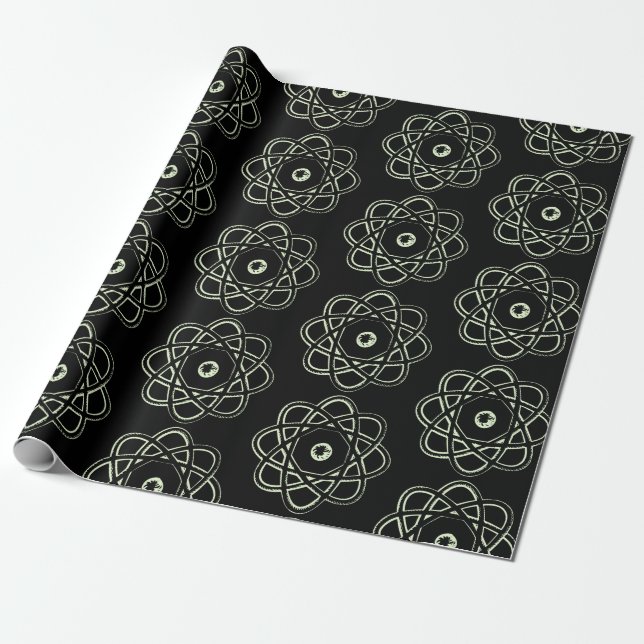 Papel De Presente Verde claro sobre os símbolos Atom pretos (Desenrolado)