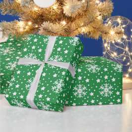 Papel De Presente VERDE COM FLocos DE NEVE DE NATAL BRANCOS