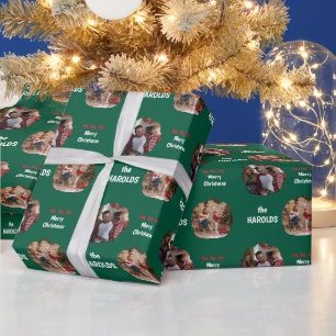 Papel De Presente Verde de Foto da Família Personalizada do Natal Mo