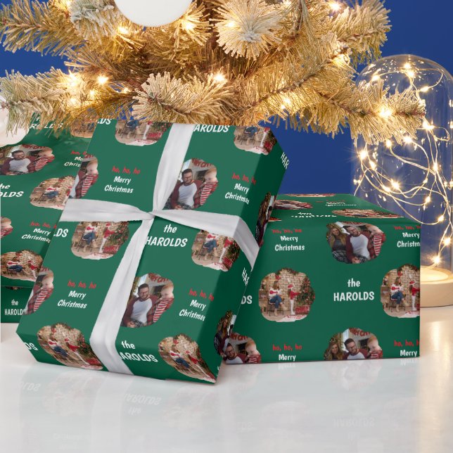 Papel De Presente Verde de Foto da Família Personalizada do Natal Mo (Feriados)