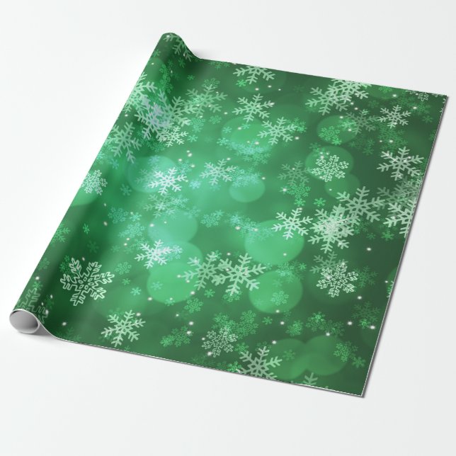 Papel De Presente Verde dos Sparkles & dos flocos de neve do feriado (Desenrolado)