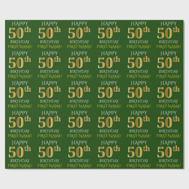 Papel De Presente Verde, Dourado "FELIZ 50º ANIVERSÁRIO" (Aberto)