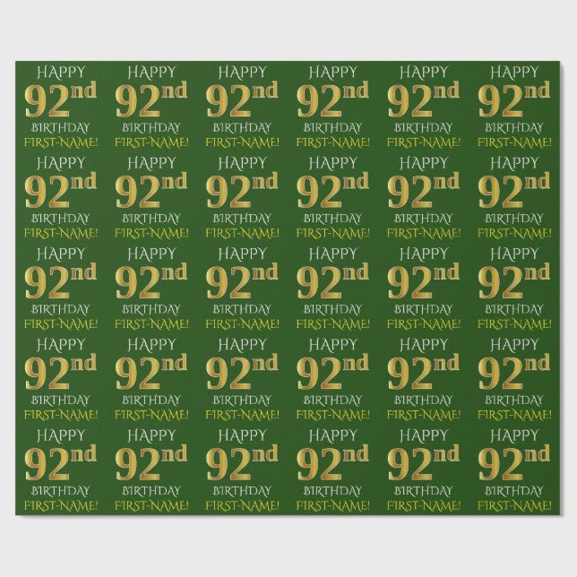 Papel De Presente Verde, Dourado "FELIZ 92º ANIVERSÁRIO" (Aberto)