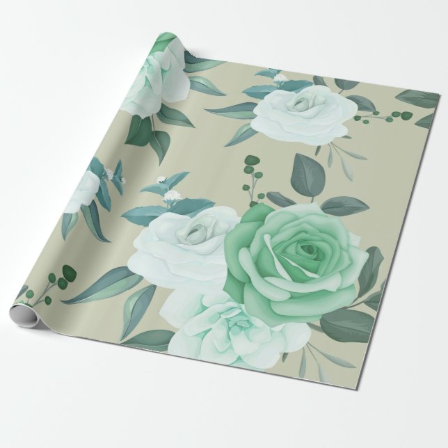 Papel De Presente Verde e branco Floral (Desenrolado)