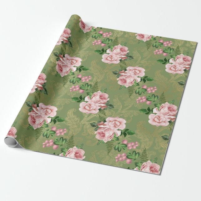 Papel De Presente Verde e Dourado com Rosas Rosa (Desenrolado)