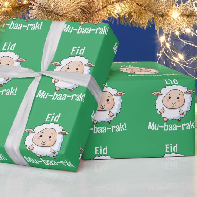 Papel De Presente Verde "Eid Mubarak" bonito e engraçado para as cri (Fun spring green "Eid Mubarak" sheep wrapping paper. Great for kids!)