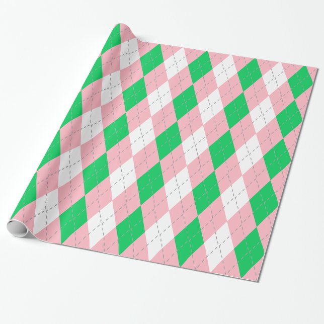 Papel De Presente Verde Esmeralda Rosa Cinza Esc XL Argyle (Desenrolado)