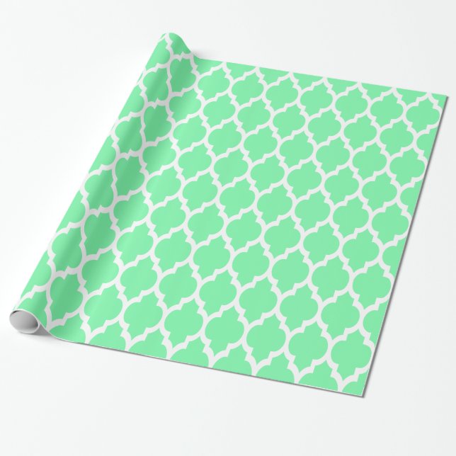 Papel De Presente Verde Espuma do Mar Branco XL Quatrefoil Marroquin (Desenrolado)