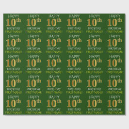 Papel De Presente Verde, Faux Dourado "FELIZ 10 ANOS"